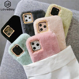 Lovebay Plush Furry Fluffy Fur Phone Case For iPhone 11 Pro X XS XR Max 6 6s 7 8 Plus Metal Lens Frame Solid Color Soft TPU Case